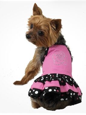 Pink Polka-Ruffle Dog/Cat Dress with Rhinestone Rose Accent